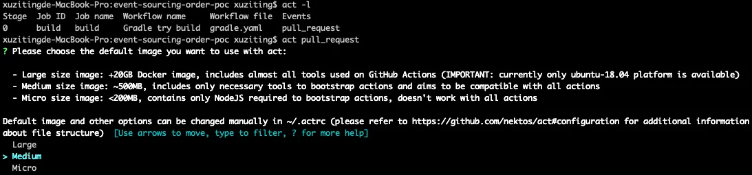 act -l and act pull_request