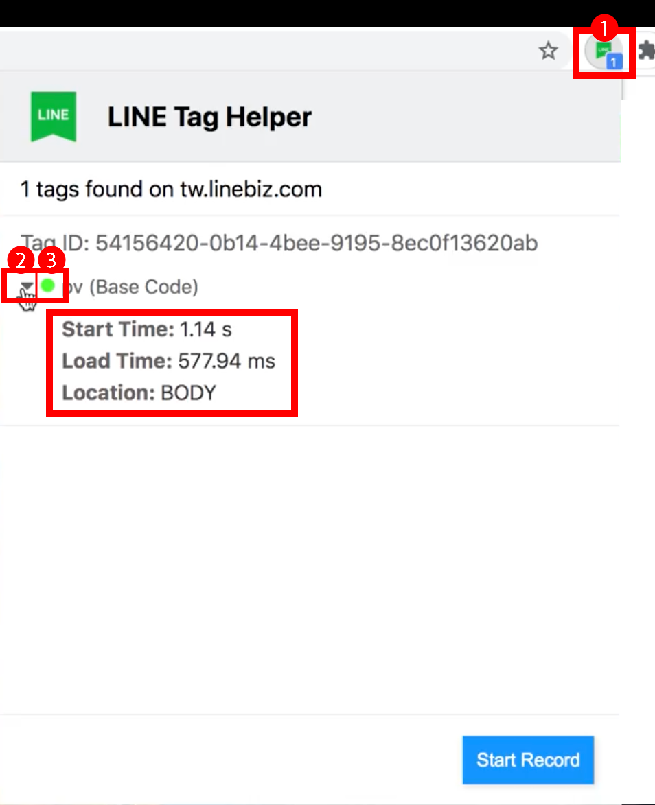 開啟要檢查的網頁是否有正確安裝 LINE Tag ，於網頁載入完成後，找到安裝的 LINE Tag Helper 並點選。