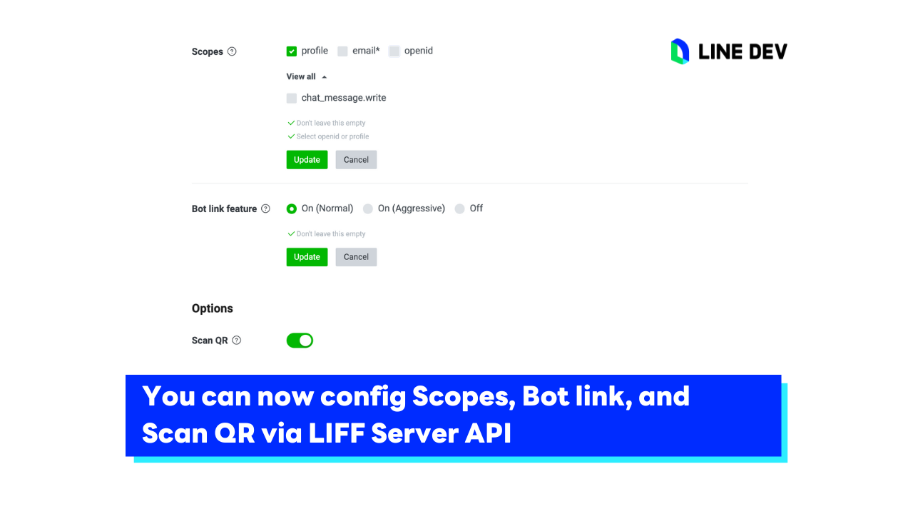 LIFF Server API อัพเดทให้นักพัฒนาสามารถตั้งค่า Scopes, Bot link และ Scan QR ได้แล้ว