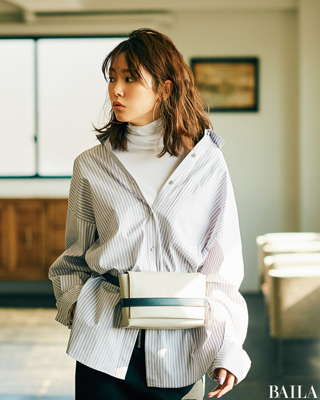 新品GUILD PRIMEストライプカラーブロッキングシャツ★定番桐谷美玲着 桐谷美玲に教わる【ストライプシャツ】全方位モテるコーデ（@BAILA）