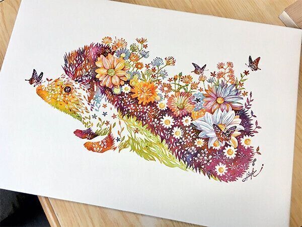 猫と花のアート作品 絶賛の声が続出！ 花や植物をコラージュした「猫の水彩画」作品に