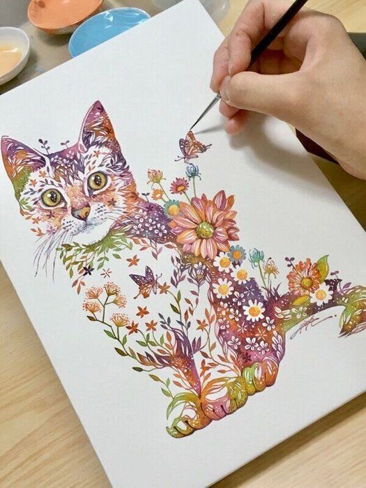 絶賛の声が続出！ 花や植物をコラージュした「猫の水彩画」作品