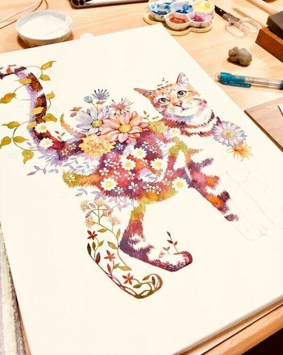 絶賛の声が続出！ 花や植物をコラージュした「猫の水彩画」作品に