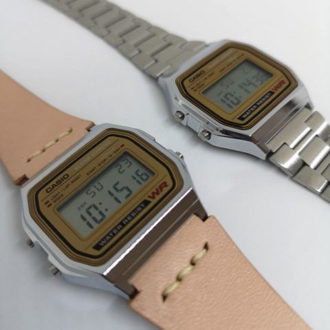 CASIO A158 チープカシオ本革レザーベルトカスタム グレー&茶色 CASIO A158 チープカシオ本革レザーベルトカスタム グレー&茶色