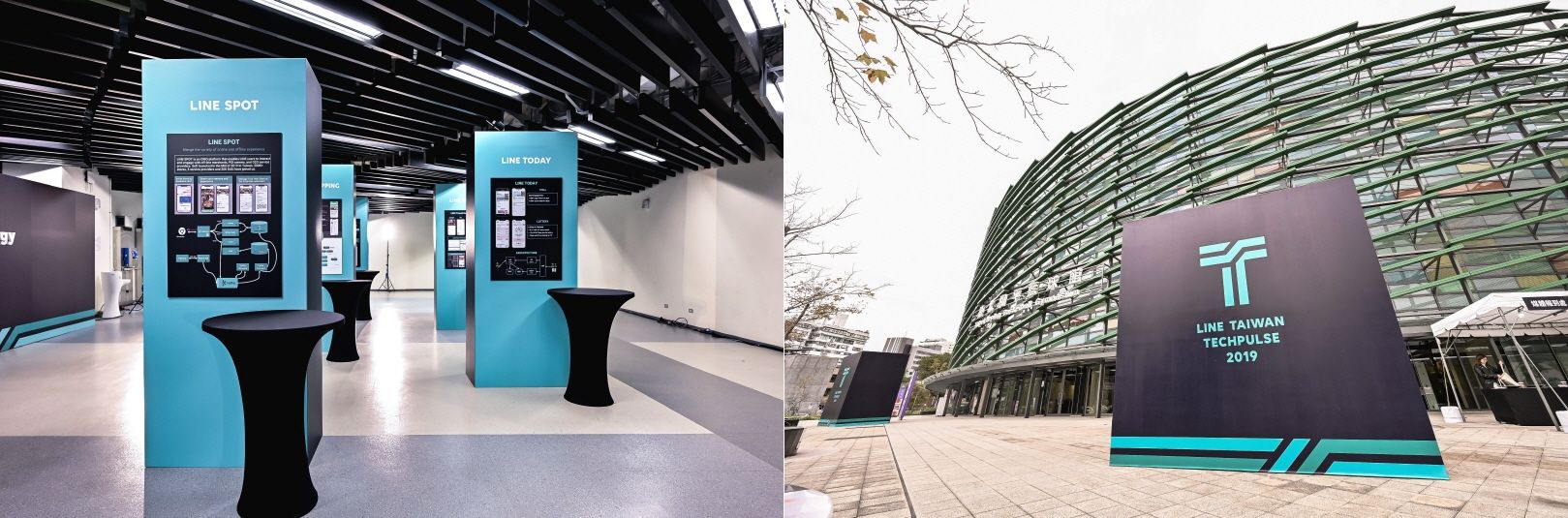 (Top : The LINE TAIWAN TECHPULSE 2019 Venue; Bottom, left to right: guests check-in and are offered beverages)